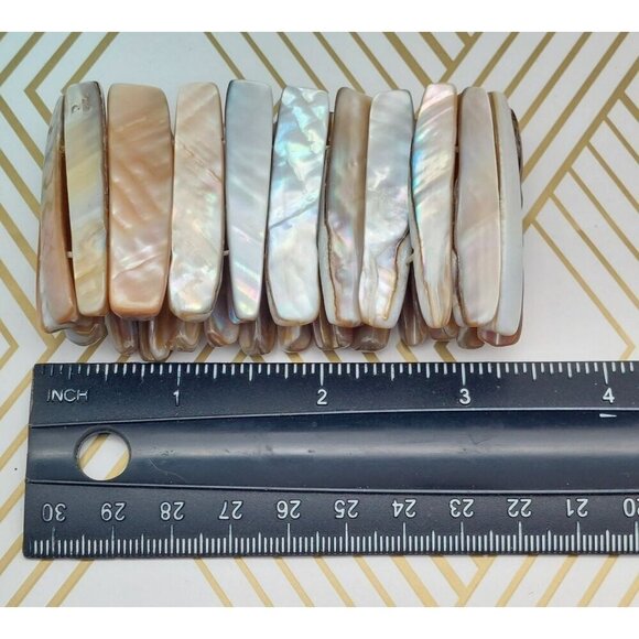 Bohemian White & Brown Neutral Abalone Shell Wide Stretch Bracelet Beach Nature - Picture 7 of 7